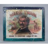 A reproduction sign “Mark Twain” (cigars), 28¾” x 35½”; together with three wall clocks.
