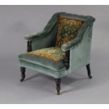 A Victorian ebonised occasional chair with padded seat, back, & arms upholstered blue velour with