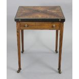 A 19th century inlaid rosewood envelope-top card table, with green baize-lined interior, fitted