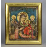 A Greek Icon depicting the Virgin Mary, Infant Christ, & attendant Saints, on wood panel: 8” x 6¾”.