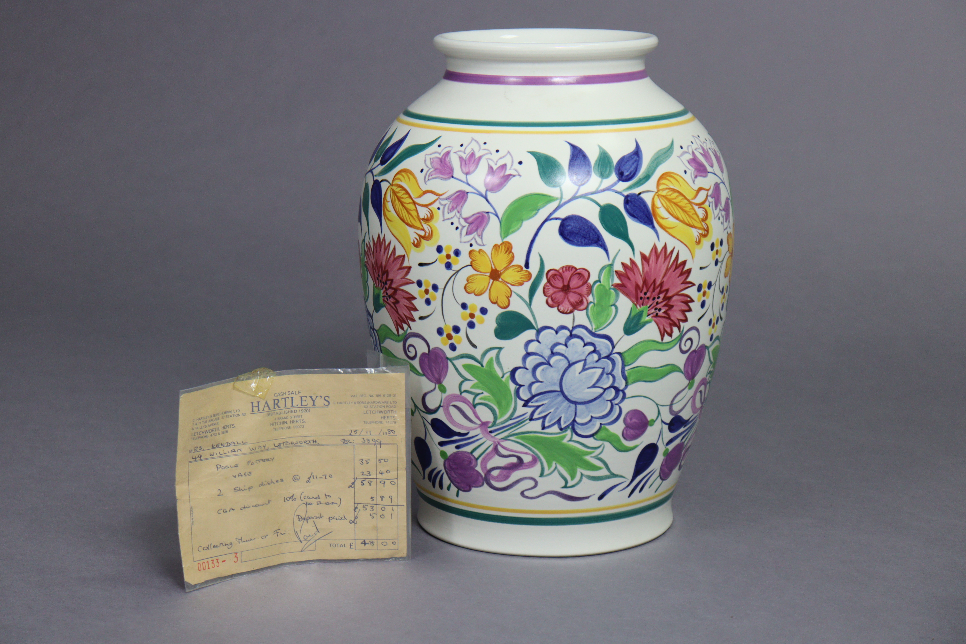A large Poole Pottery baluster vase painted with flowers in coloured enamels by Gwen Haskins ( - Image 2 of 3