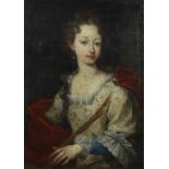 ENGLISH SCHOOL, 17th century. Portrait of a lady, wearing silk dress wth lace cuffs, red cape,