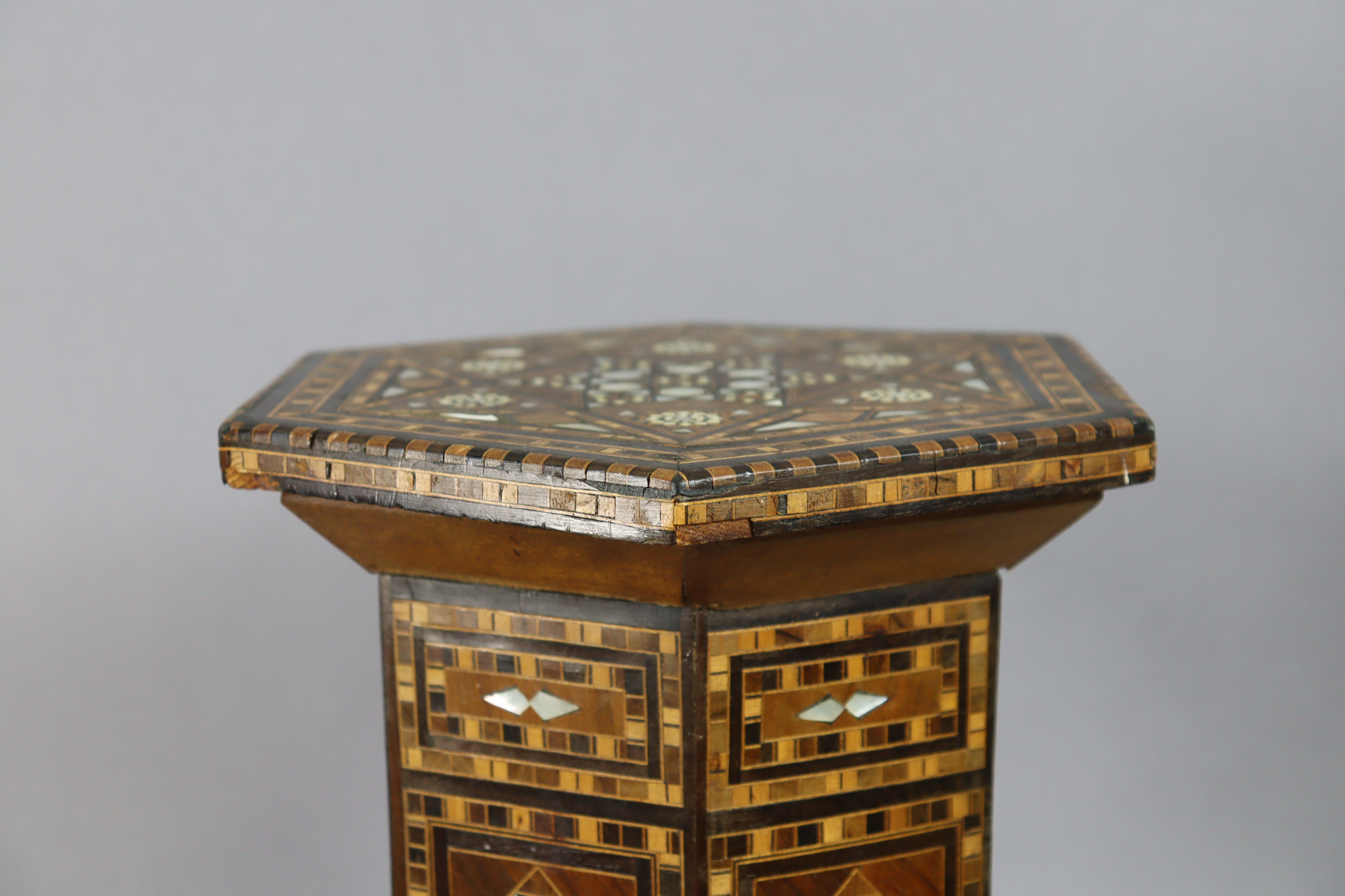 An antique Syrian miniature Damascus occasional table, of hexagonal form with all-over inlaid - Image 3 of 6