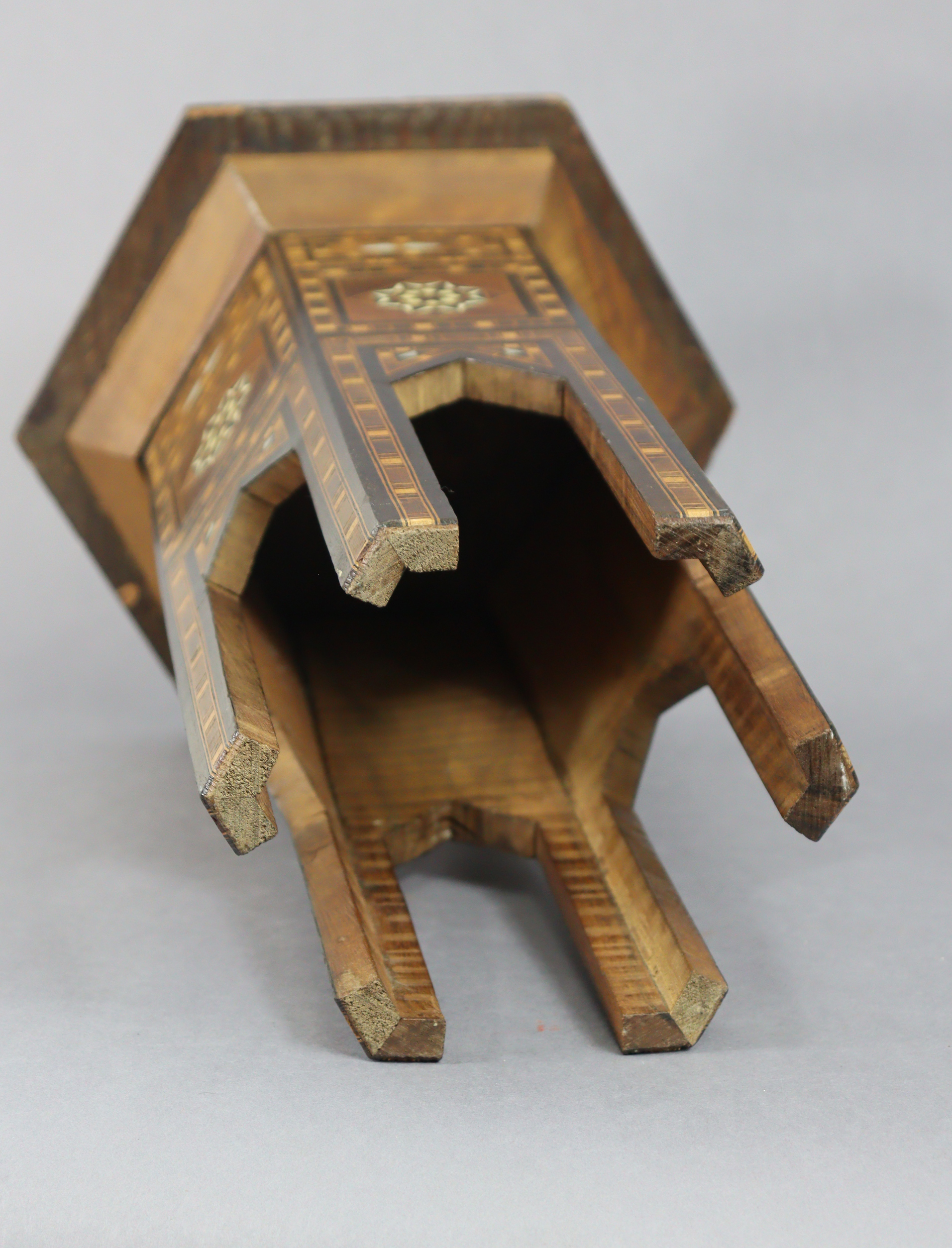 An antique Syrian miniature Damascus occasional table, of hexagonal form with all-over inlaid - Image 6 of 6