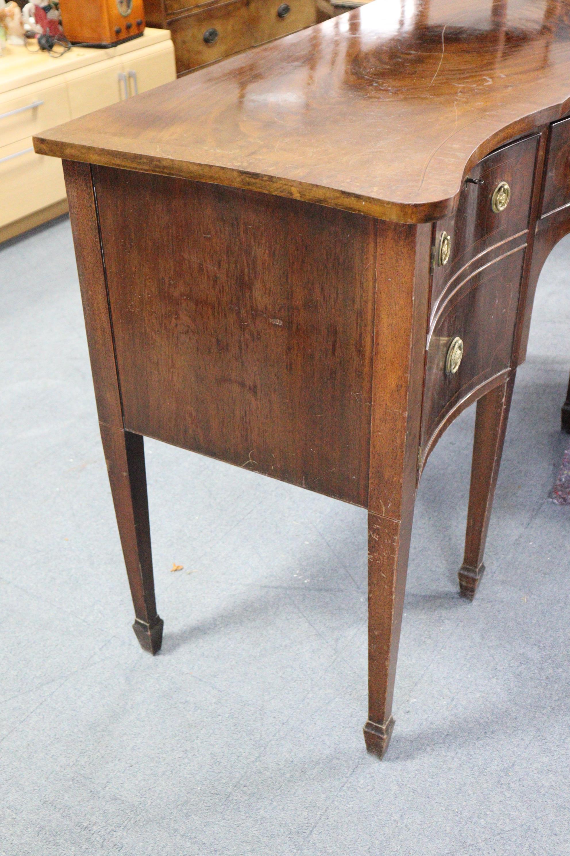 A regency-style serpentine-front mahogany sideboard, with crossbanded rectangular top, fitted single - Image 6 of 7