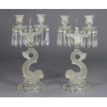 A PAIR OF BACCARAT CLEAR & FROSTED GLASS TWIN-BRANCH CANDELABRA, each sconce hung with prism