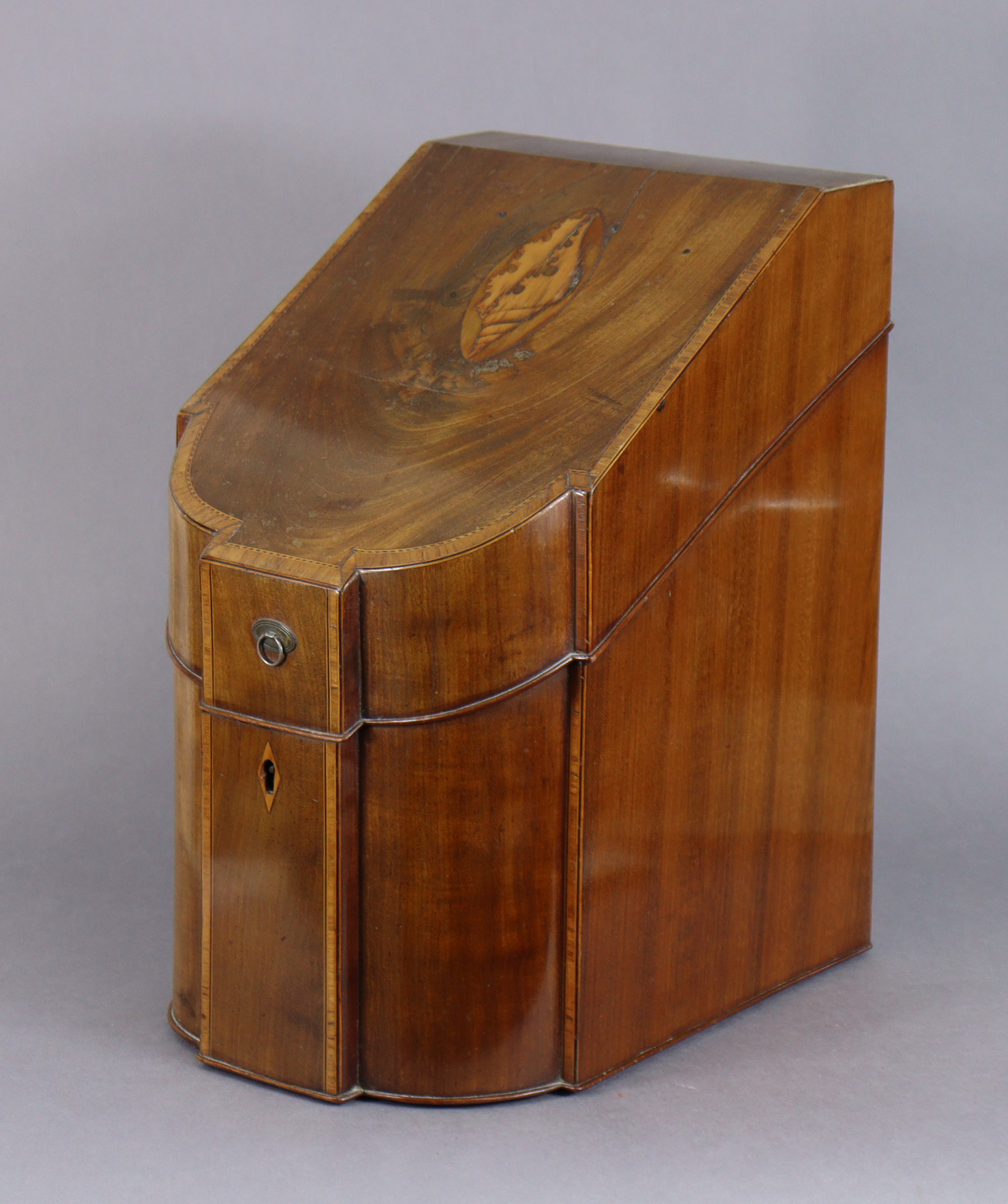 A George III inlaid mahogany knife box with marquetry shell to the sloping hinged lid, enclosing - Image 2 of 8