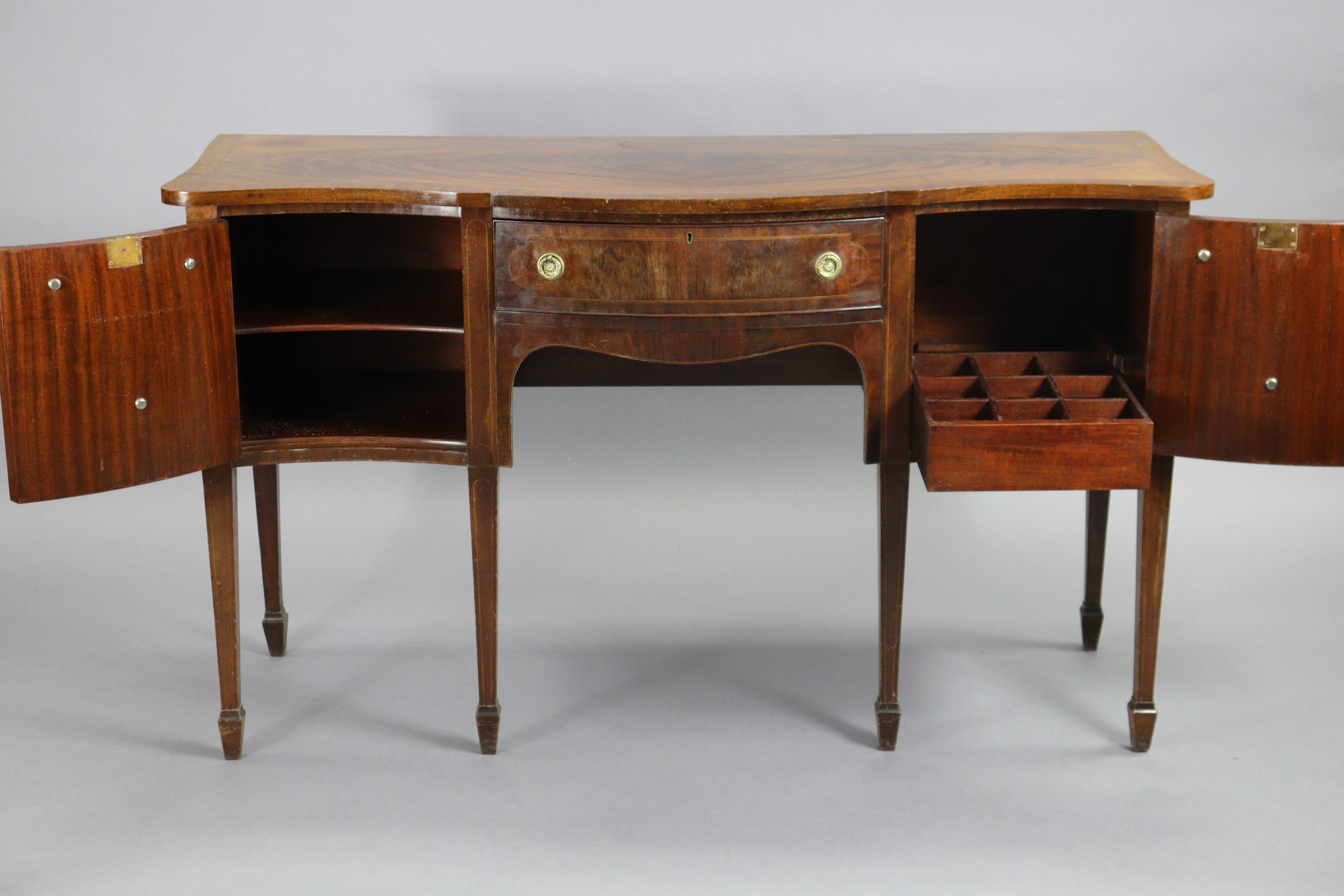 A regency-style serpentine-front mahogany sideboard, with crossbanded rectangular top, fitted single - Image 3 of 7