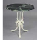 An antique Coalbrookdale-type cast iron table base, painted white, with foliate scroll decoration on
