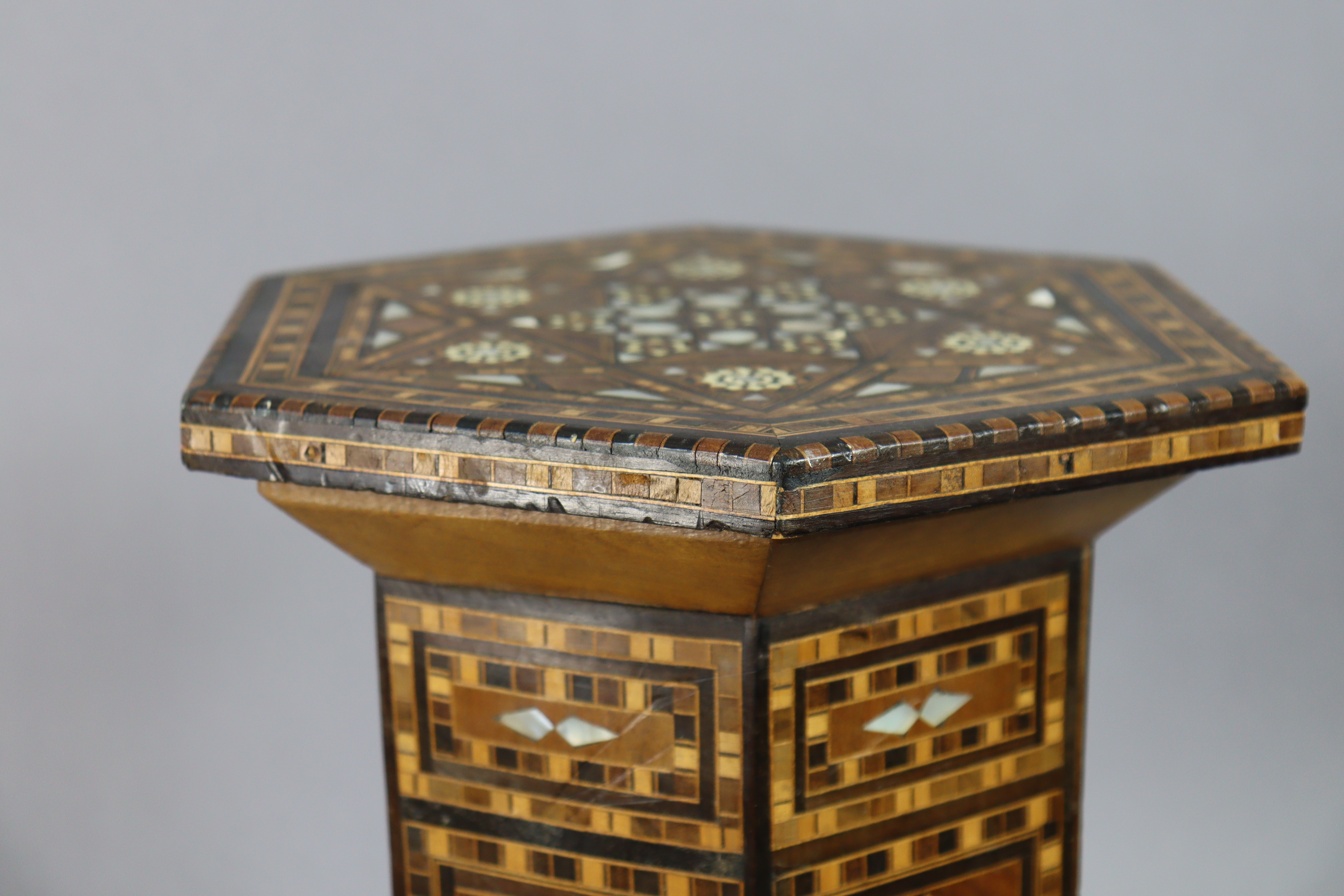 An antique Syrian miniature Damascus occasional table, of hexagonal form with all-over inlaid - Image 2 of 6