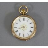 A late 19th/early 20th century ladies’ fob watch in 14K engraved case, the white enamel dial with