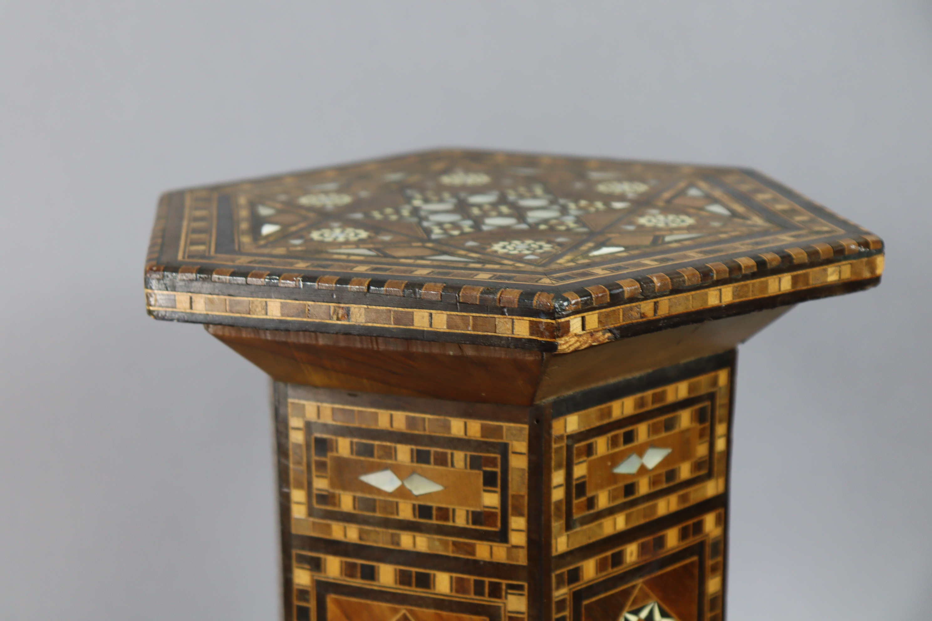 An antique Syrian miniature Damascus occasional table, of hexagonal form with all-over inlaid - Image 4 of 6
