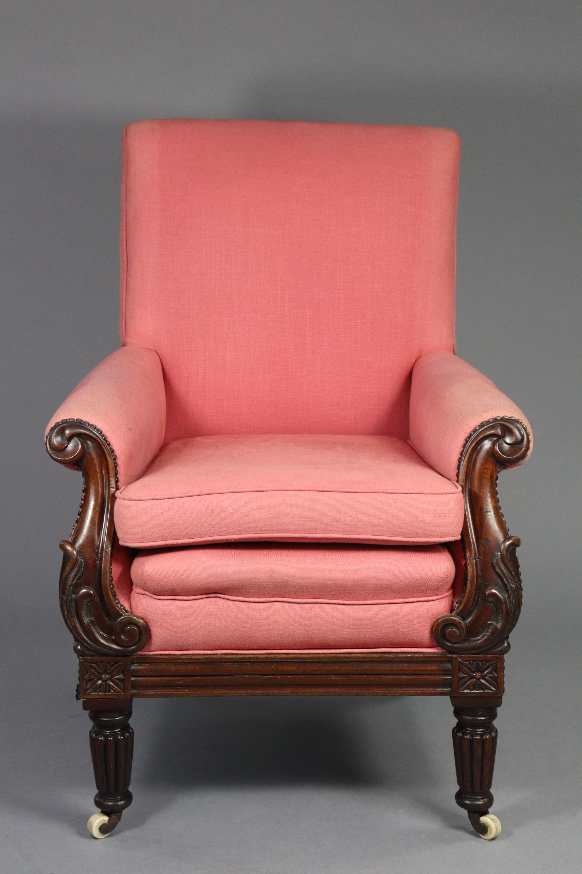 A William IV mahogany frame library armchair upholstered red fabric with loose cushions, carved - Image 2 of 3