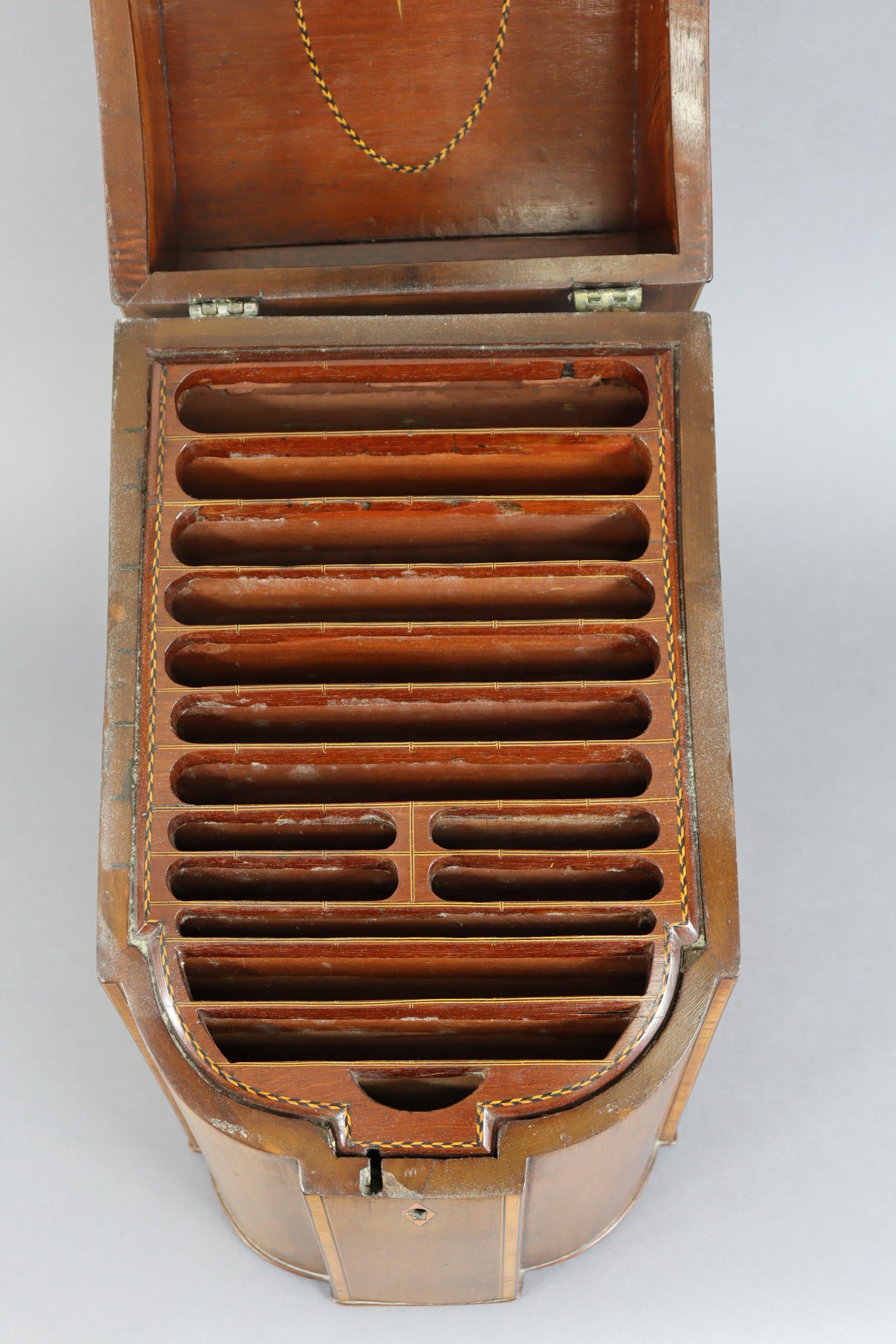 A George III inlaid mahogany knife box with marquetry shell to the sloping hinged lid, enclosing - Image 4 of 8