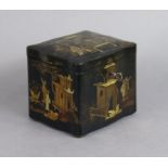 A Regency chinoiserie lacquer tea caddy, of rectangular form with serpentine sides decorated with
