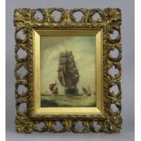 ENGLISH SCHOOL, late 19th century. Sailing vessels in rough seas. Oil on board, 8½” x 6½”; in gilt