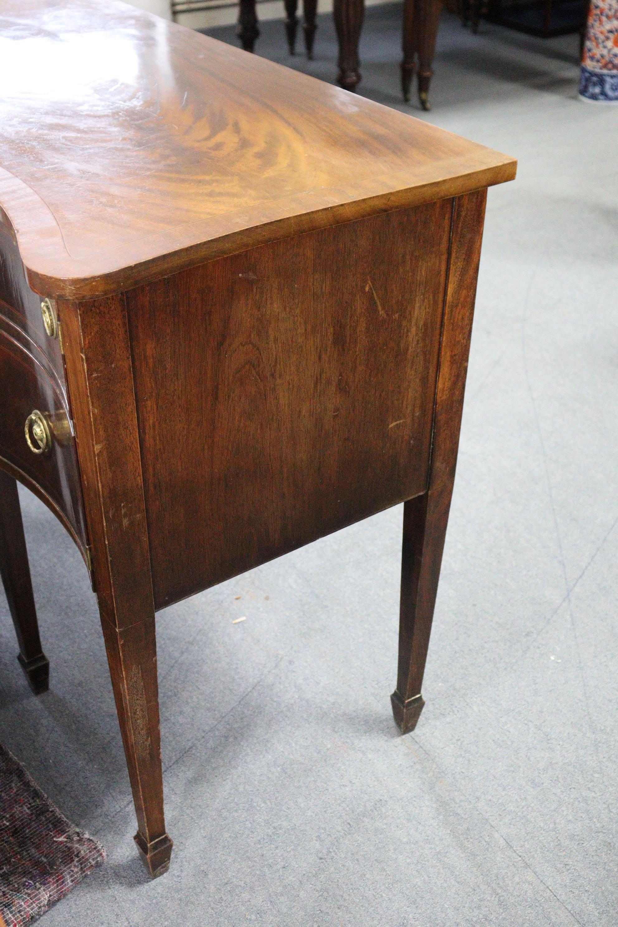 A regency-style serpentine-front mahogany sideboard, with crossbanded rectangular top, fitted single - Image 5 of 7