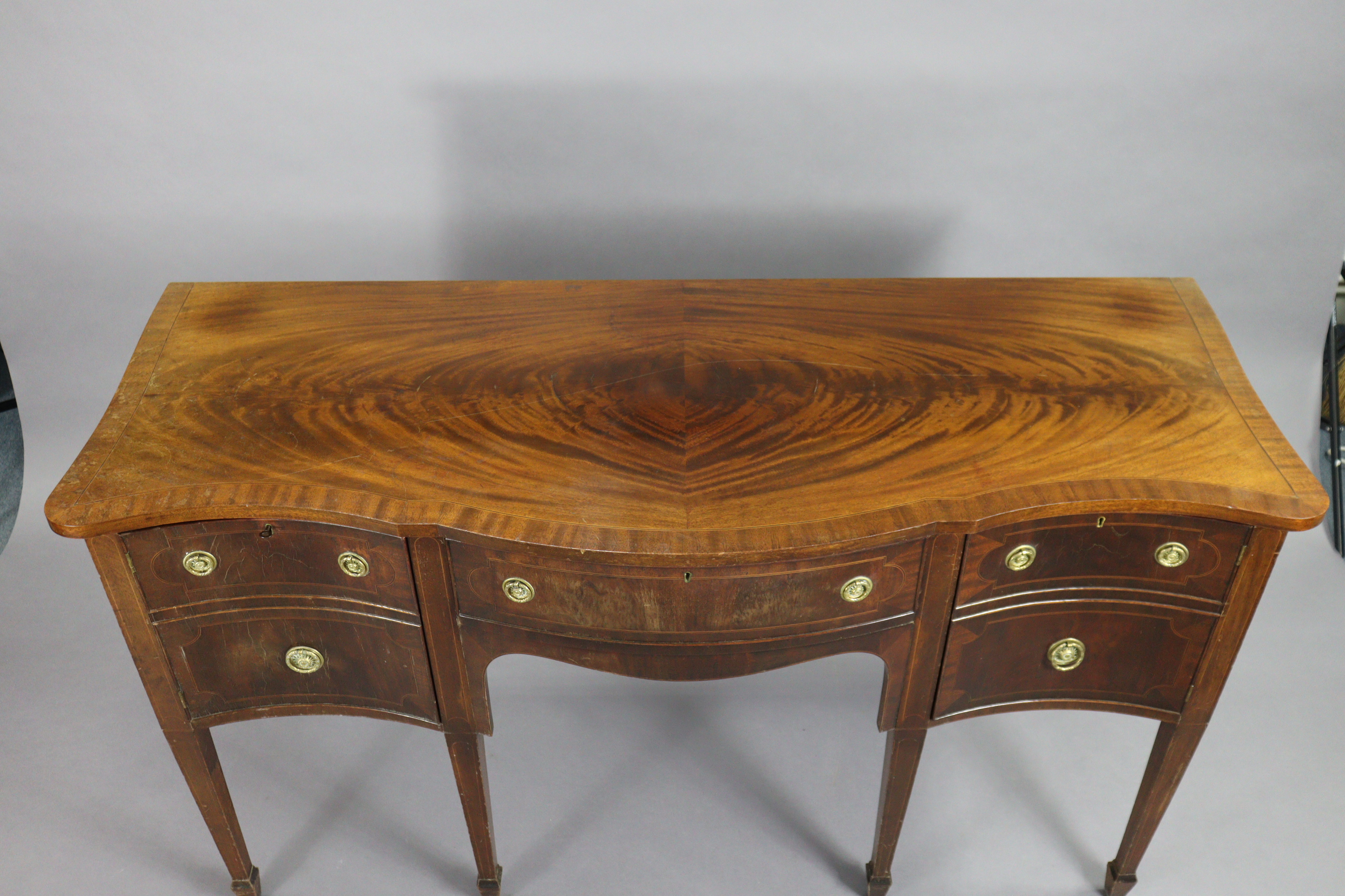 A regency-style serpentine-front mahogany sideboard, with crossbanded rectangular top, fitted single - Image 2 of 7