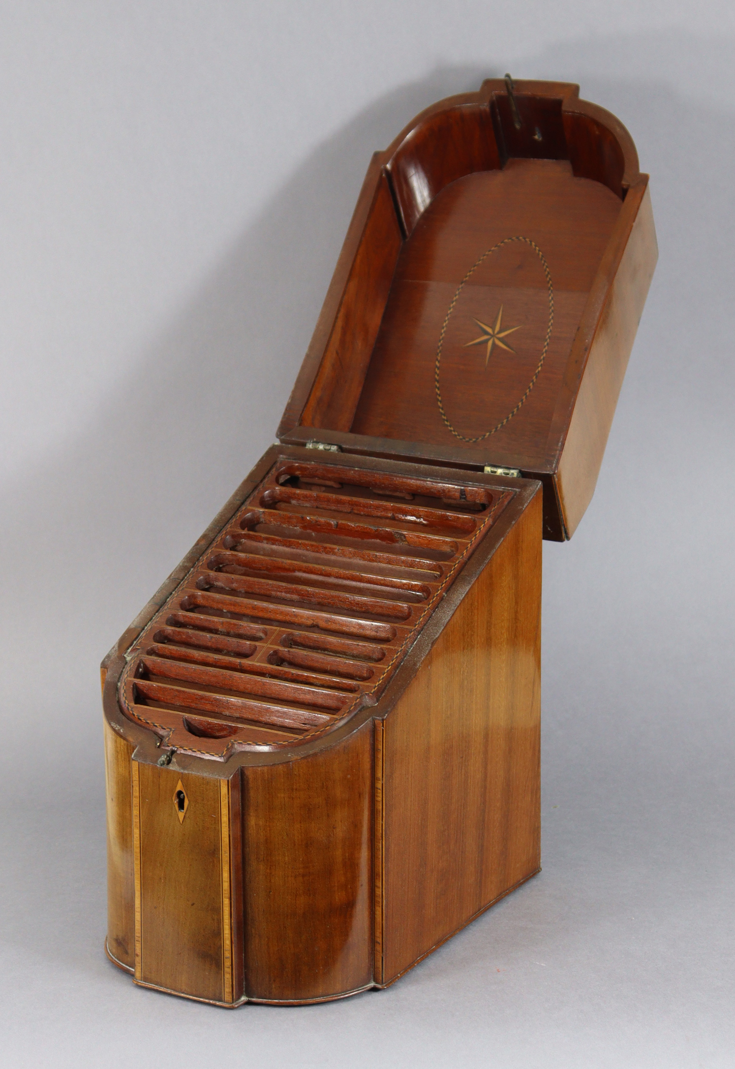 A George III inlaid mahogany knife box with marquetry shell to the sloping hinged lid, enclosing - Image 3 of 8