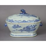 An 18th century Chinese blue & white porcelain rectangular soup tureen & cover painted with