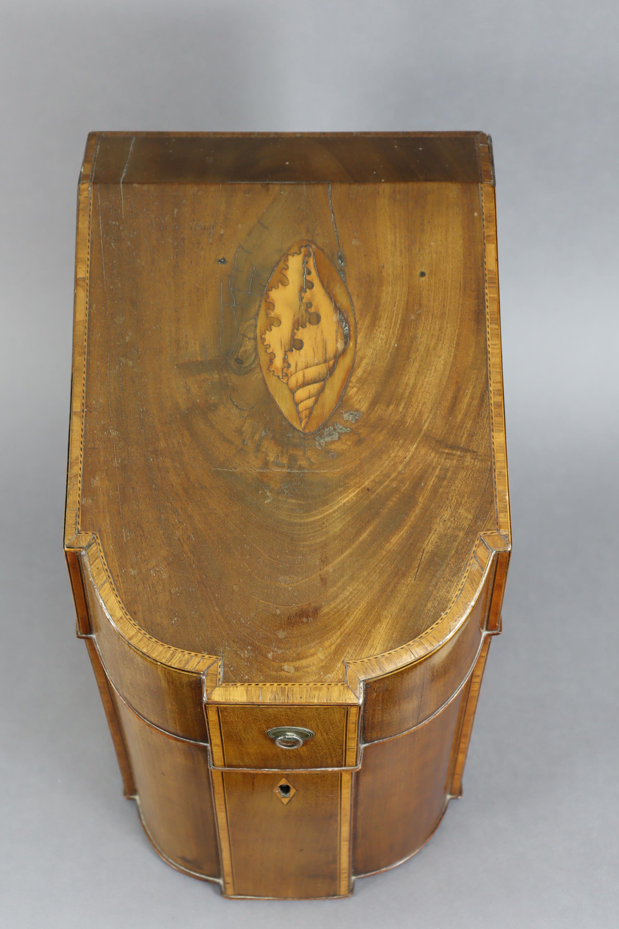 A George III inlaid mahogany knife box with marquetry shell to the sloping hinged lid, enclosing - Image 7 of 8