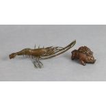 A Japanese bronze small model of a prawn, 5¼” long, with seal mark to underside; & a similar model