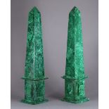 A PAIR OF MALACHITE OBELISKS, in the ‘Grand Tour’ style, each on panelled rectangular plinth, 20”