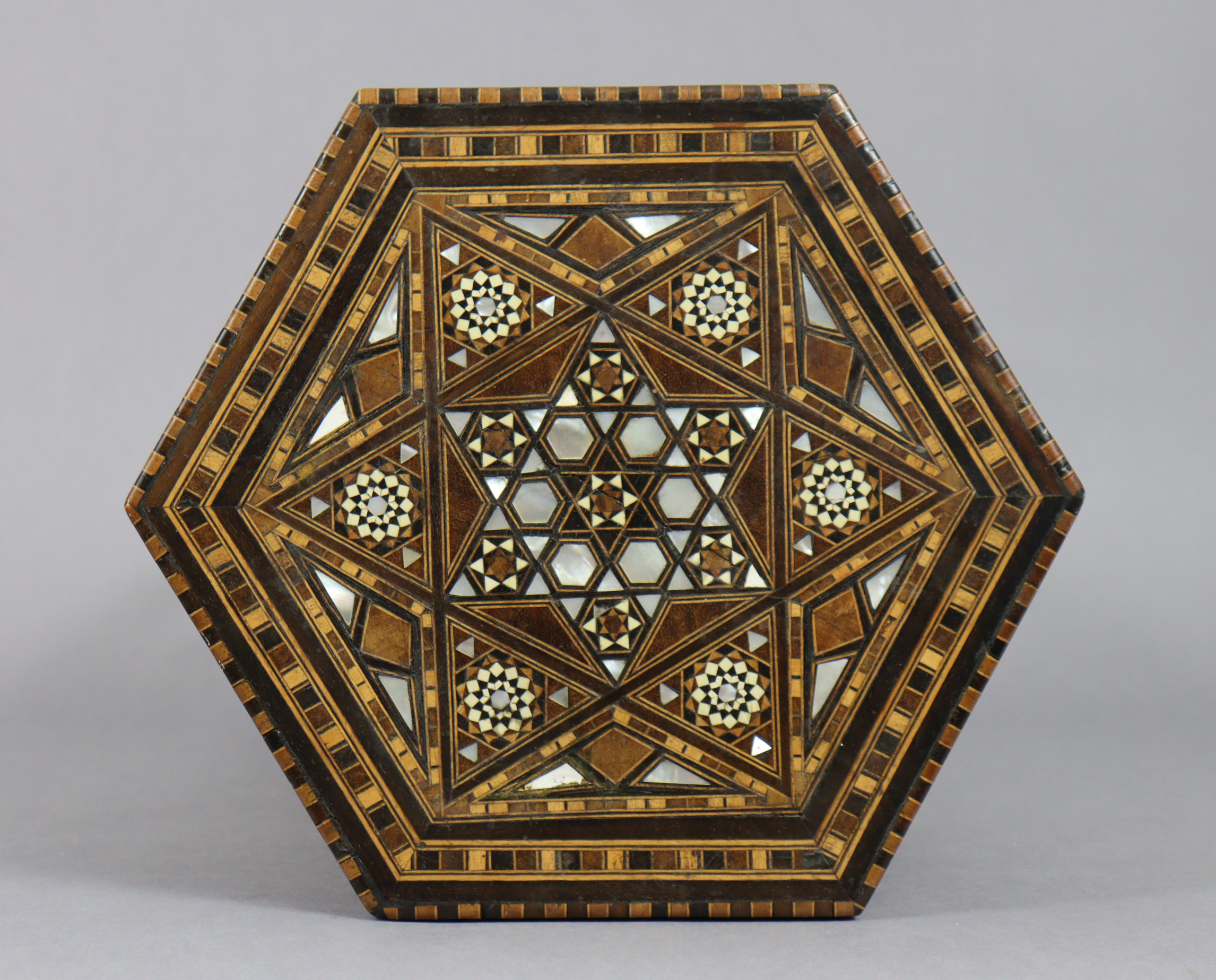 An antique Syrian miniature Damascus occasional table, of hexagonal form with all-over inlaid - Image 5 of 6