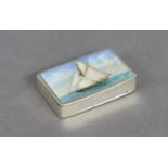 A Victorian silver rectangular snuff box, the hinged lid with painted enamel scene of a sailing