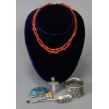 Two coral-chip necklaces; an Eastern silver & enamel fan brooch; a gilt-metal heart-shaped brooch; a