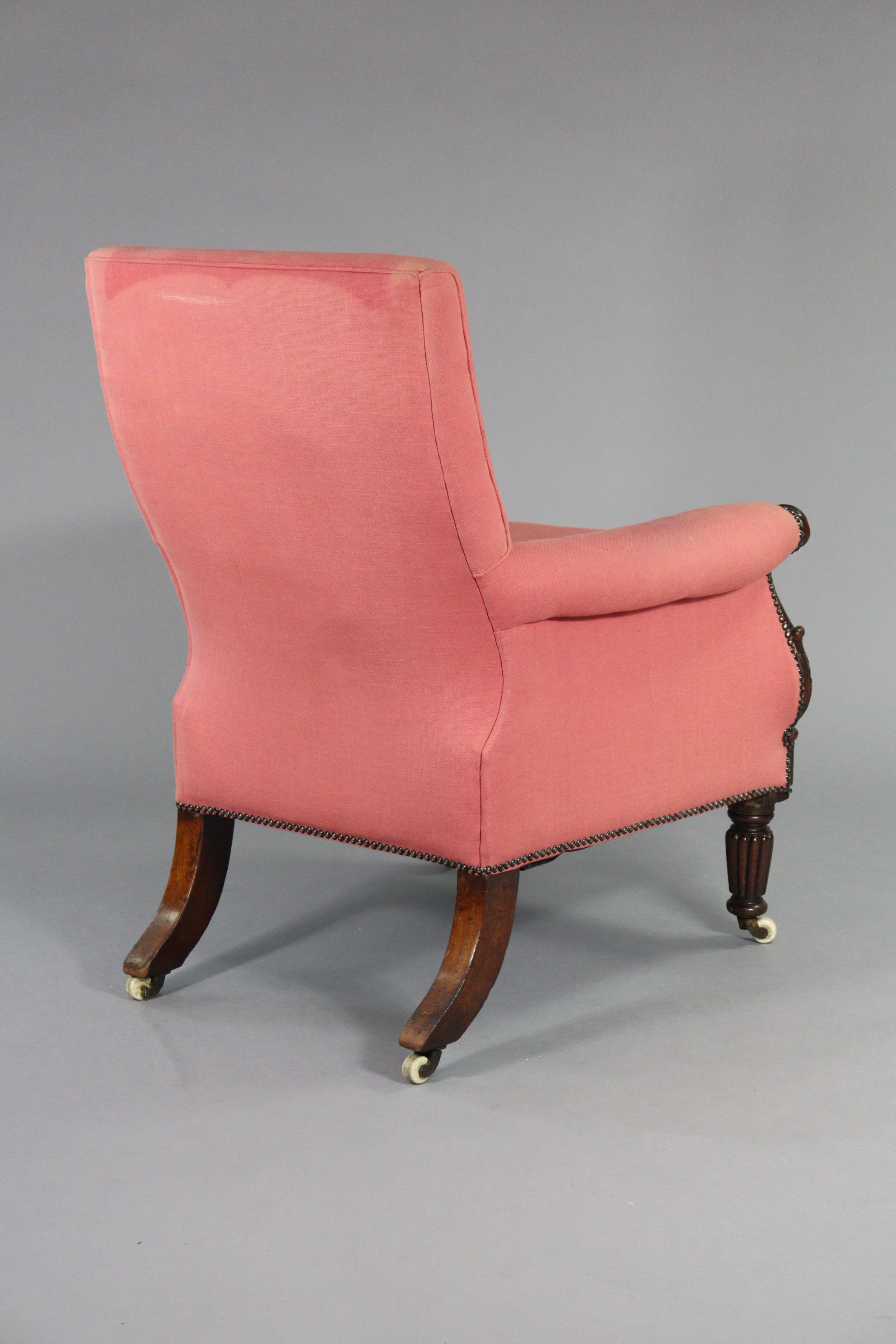 A William IV mahogany frame library armchair upholstered red fabric with loose cushions, carved - Image 3 of 3