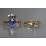 A sapphire ring, the pale blue cushion-shaped stone weighing approx. 1.2 carats, three small white