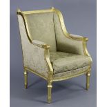 A Louis XVI style giltwood armchair, upholstered green silk damask, with loose cushion, on