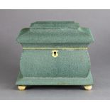 A REGENCY SHAGREEN & BONE TEA CADDY, of bombe form with pewter stringing, the hinged lid enclosing
