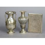 A Sterling ovoid two-handled vase with Greek-Key pattern band, 4½” (foot loaded); a Sterling vase of