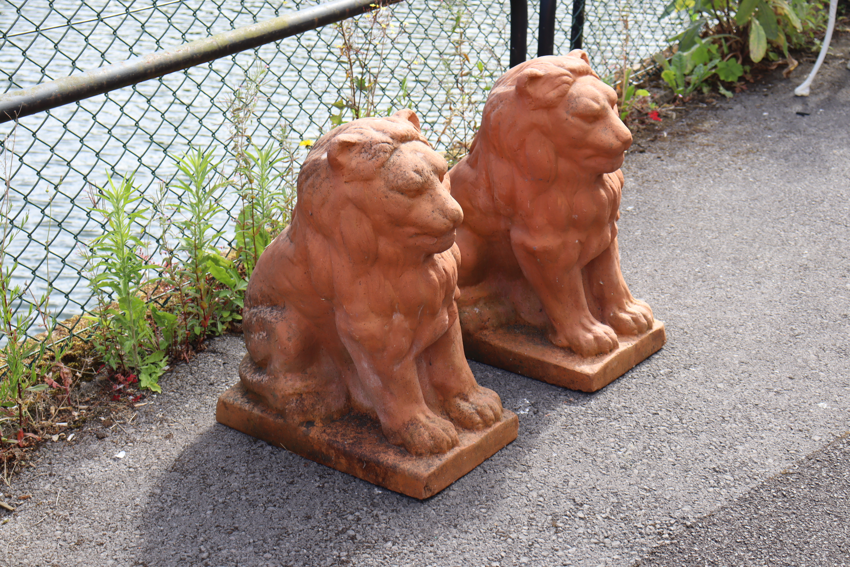 A pair of moulded terracotta garden statues in the form of seated lions, each on rectangular - Image 5 of 6