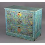 A pine chest of drawers with all-over painted multi-coloured geometric decoration, fitted three long