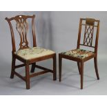 A Georgian mahogany splat-back dining chair with a padded drop-in-seat, & on square chamfered legs