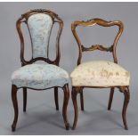 A Victorian carved mahogany frame bedroom chair with padded splat back & seat upholstered pale