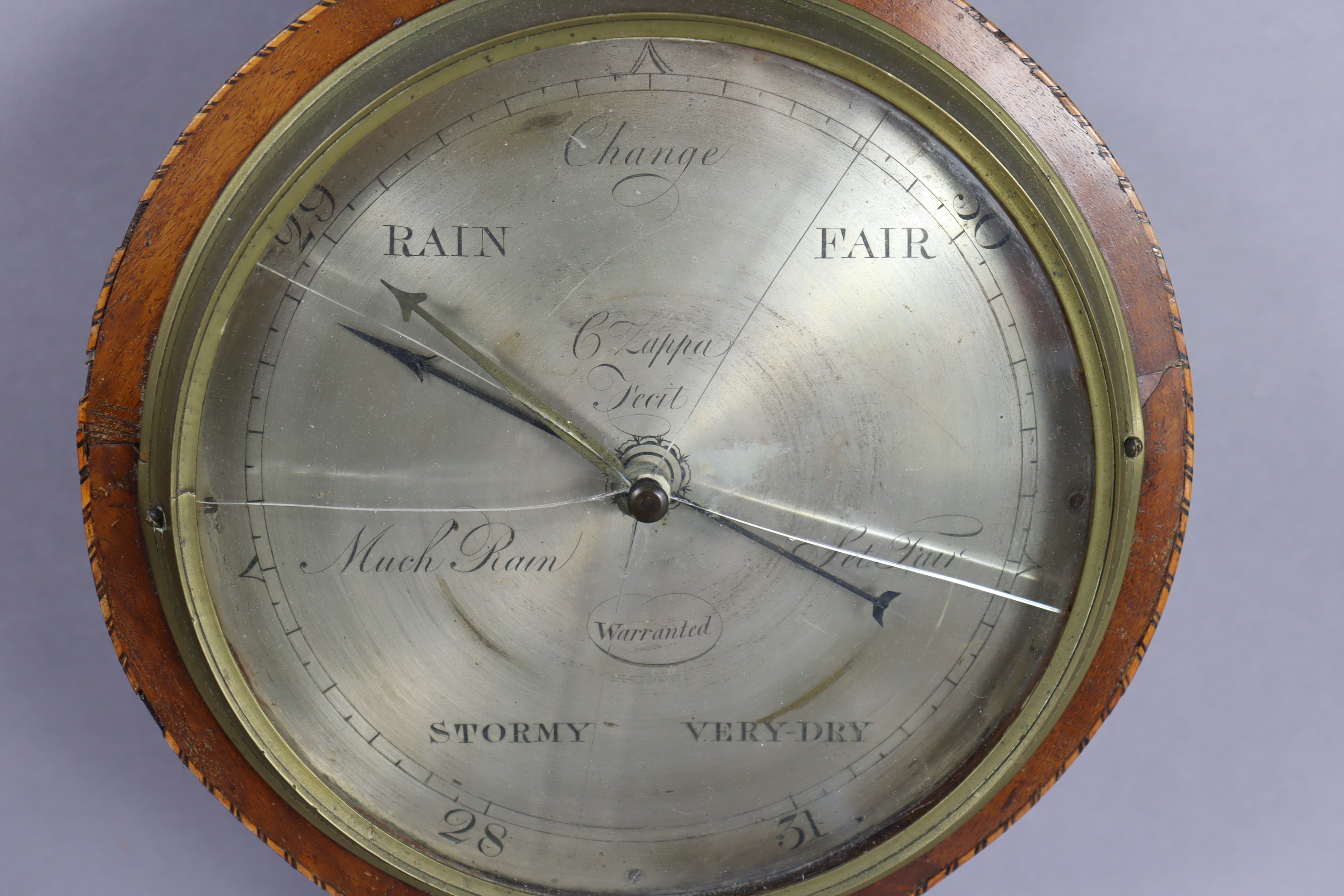 A 19th century marquetry inlaid walnut banjo barometer, the 8” silvered dial inscribed “C. Zappa - Image 2 of 3