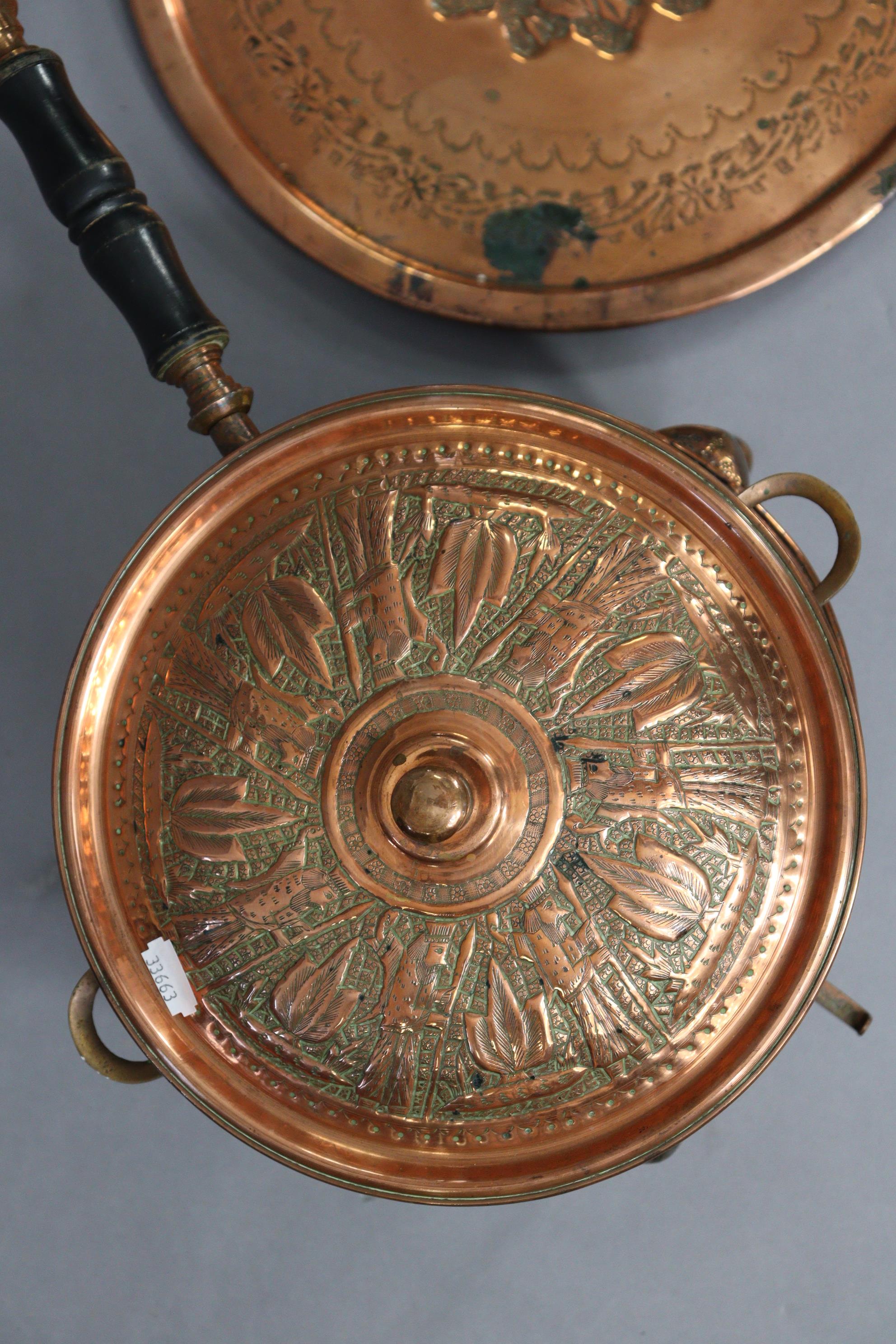 An Edwardian 8-day mantel clock in an inlaid-mahogany case, 7½” high; & a copper embossed cooking - Image 5 of 7