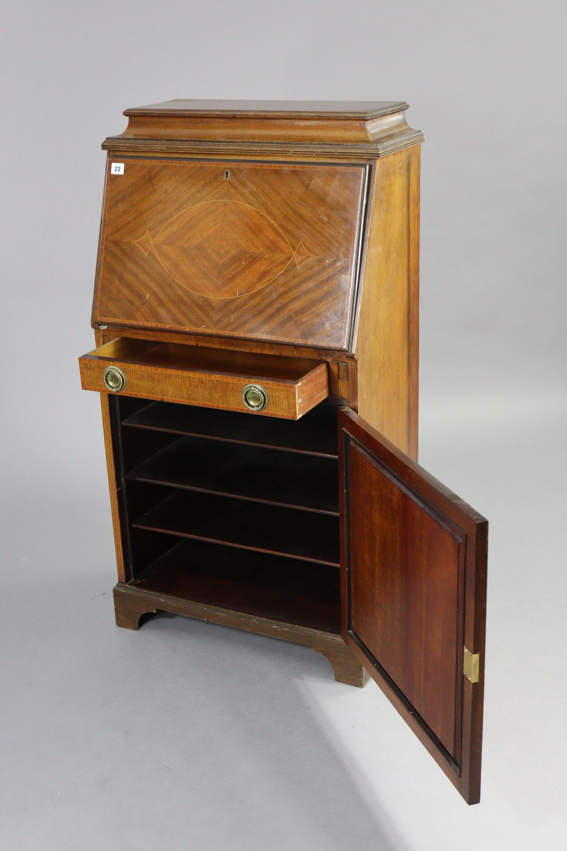 An Edwardian inlaid-mahogany narrow bureau having a fitted interior enclosed by a fall-front with - Image 3 of 3