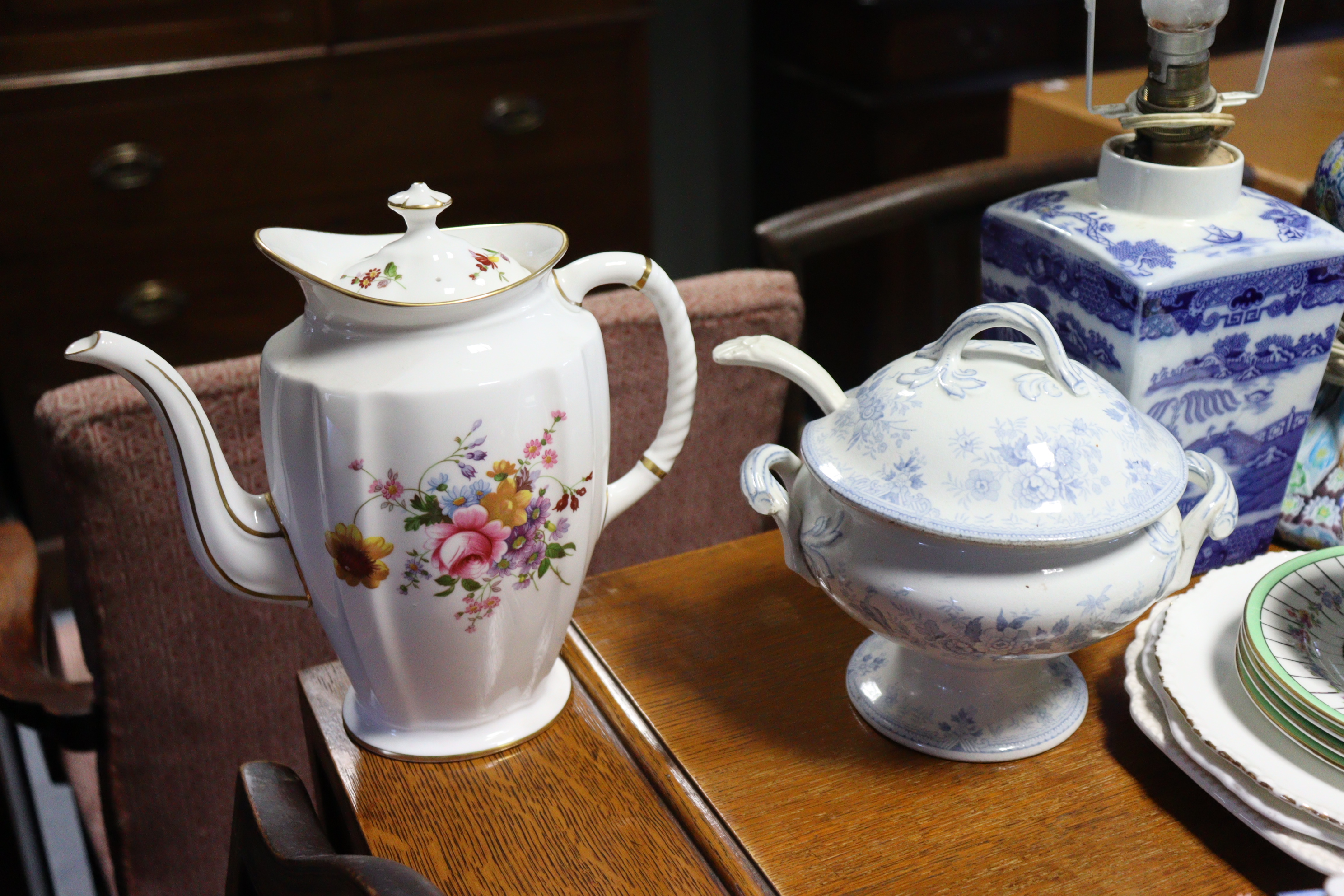 A Royal Crown Derby “Derby Posies” coffee pot; a Coalport pastille burner “The Parasol House”; two - Image 5 of 7