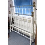 A Victorian-style white-finish iron & brass 5’ bedstead, complete with side rails.