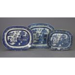 Three blue & white “Willow” rectangular meat plates, 17¾”, 16¼”, & 13½” wide, w.a.f.