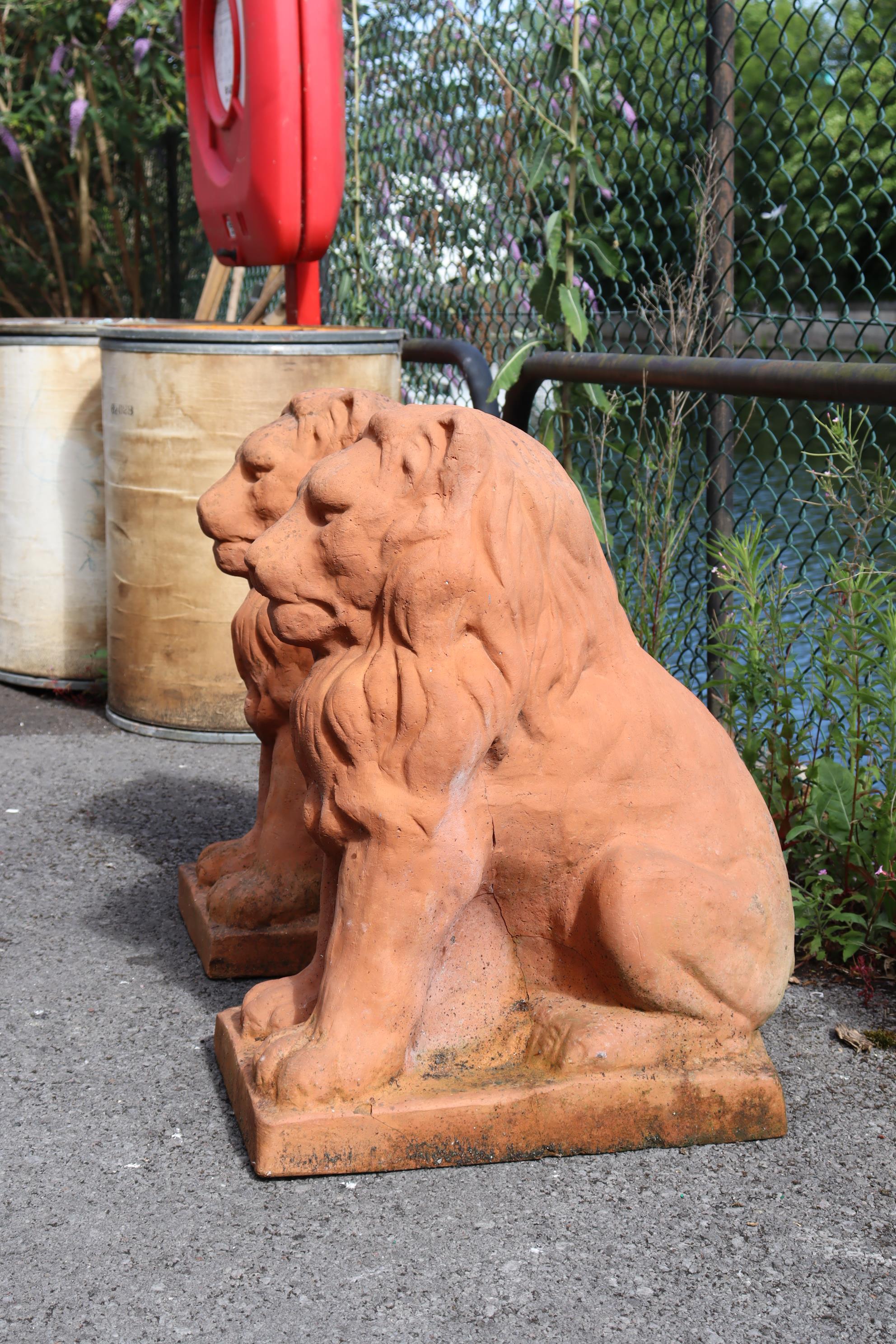 A pair of moulded terracotta garden statues in the form of seated lions, each on rectangular - Image 3 of 6