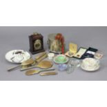 Four George VI silver & enamelled dressing table items; a silver plated oval biscuit box; a small