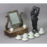 A floral painted mahogany rectangular swing toilet mirror fitted with a long drawer to the box base,