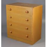A painted wooden small chest fitted four long graduated drawers with turned knob handles, 29” wide x