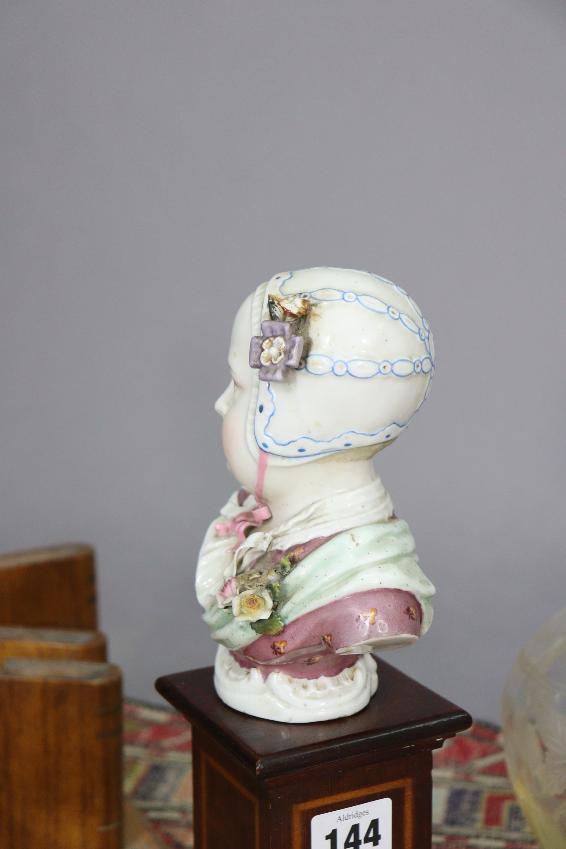 A Dresden bust of a young girl mounted on an inlaid-wooden plinth, 12” high (over-all); together - Image 4 of 10